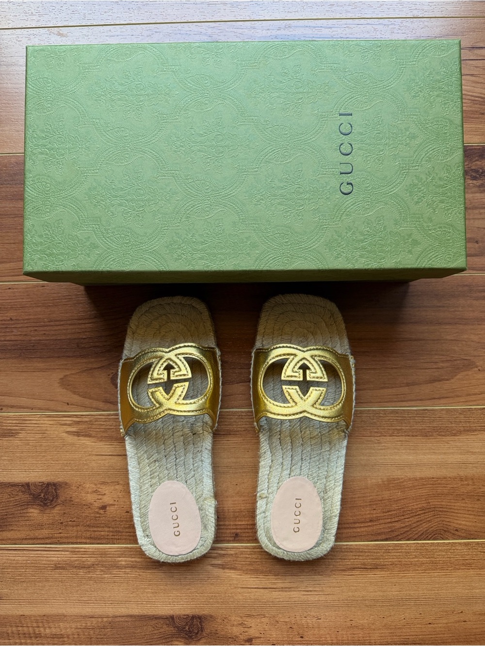 Gucci Metallic Gold Leather-GG Espadrille Slides - Size 35